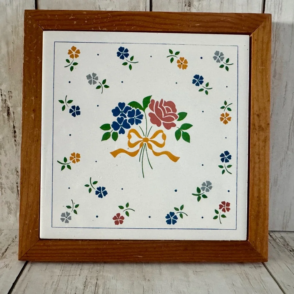 Vintage Floral Ceramic Tile Wall Hanging Wood Frame Country Cottagecore Decor